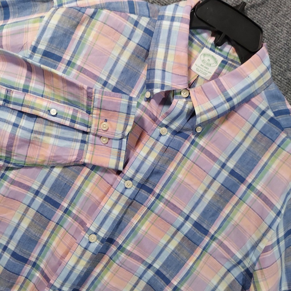 Brooks Brothers Shirt‎ Mens XL Multicolor Plaid Irish Linen Milano Button Down